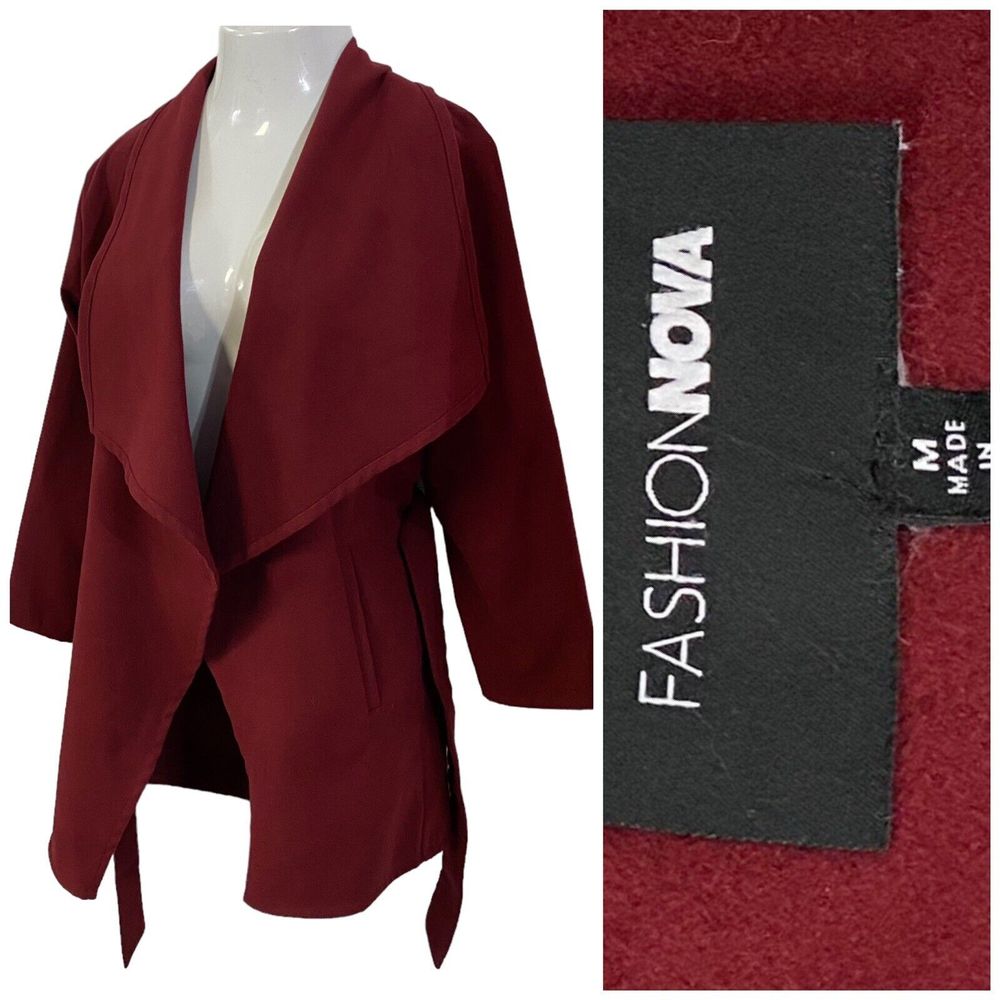 Fashion Nova Blazer Womens Medium Red Waterfall Belted Jacket Office Casual Fall